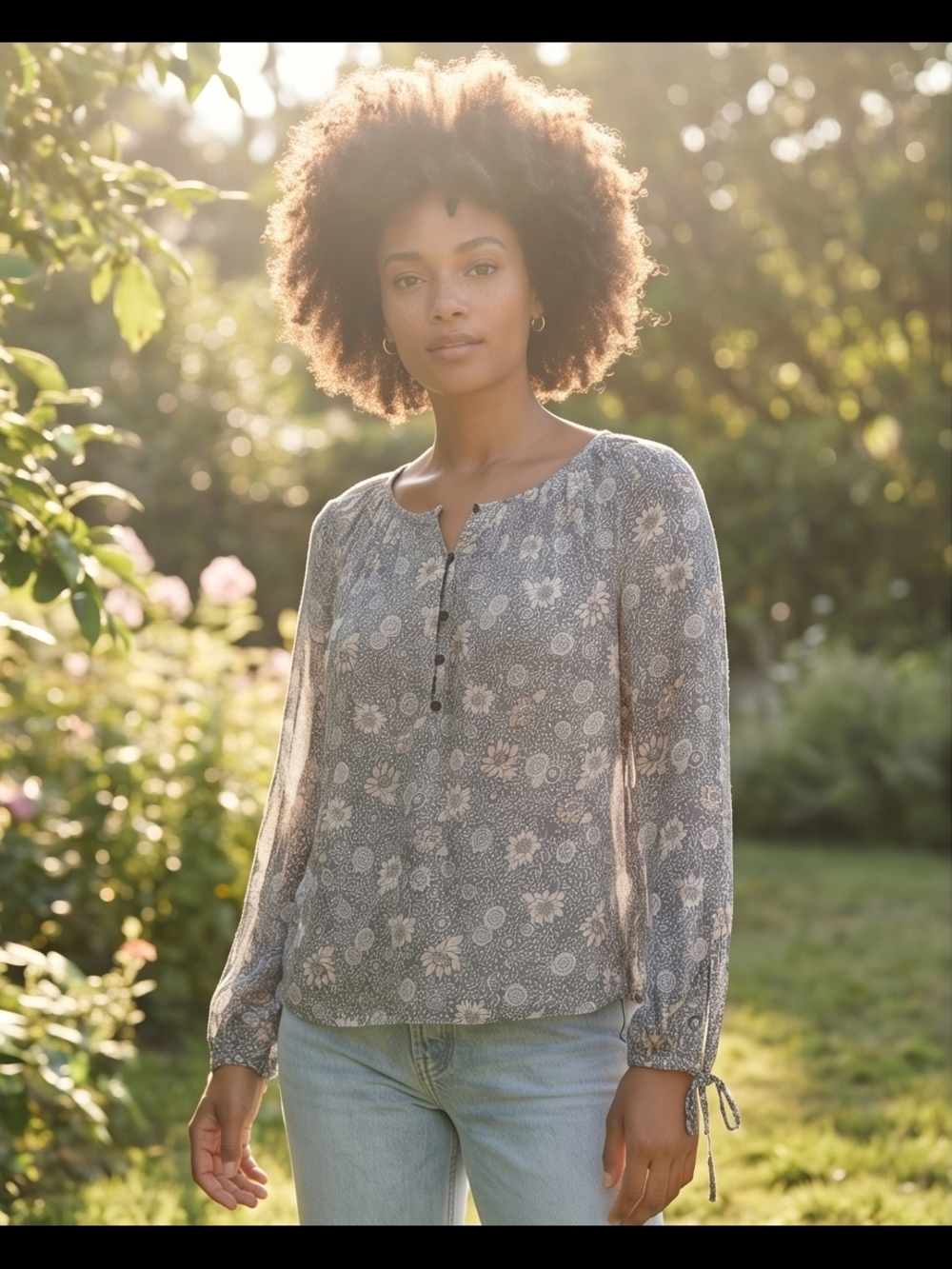 Lucky Brand Gray Floral Peasant Blouse